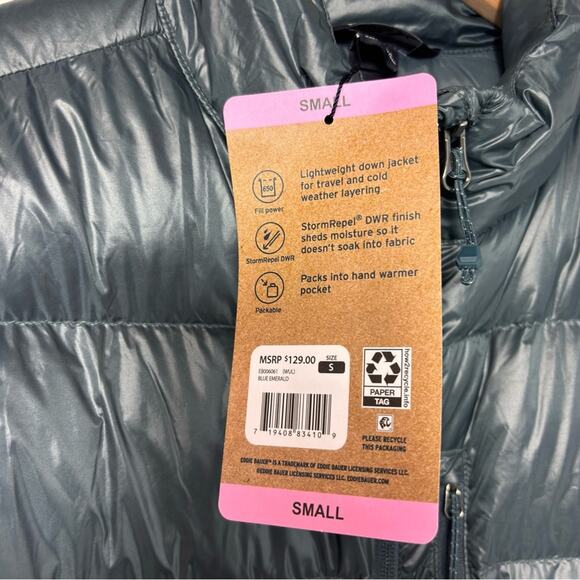 EDDIE BAUER LADIES DOWN PACKABLE WOMEN SMALL BLUE EMERALD JACKET BRAND NEW - Picture 3 of 7
